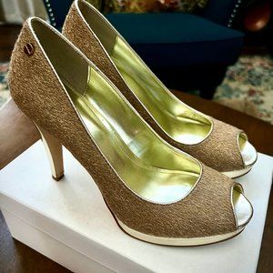 Calvin Klein GOLD metallic hair platform peep toe pumps 8M with box